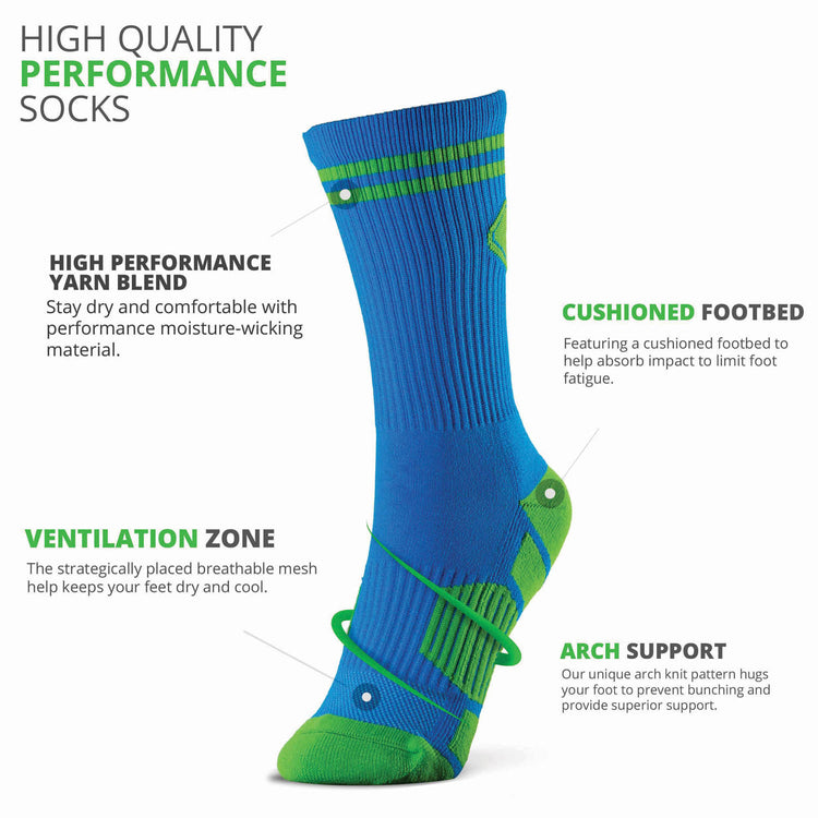 Pickleball Woven Mid-Calf Socks - Crossed Paddles - Blue/Green