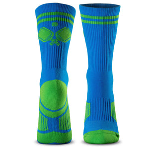 Pickleball Woven Mid-Calf Socks - Crossed Paddles - Blue/Green