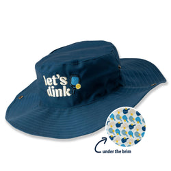 Blue bucket hat with 'let's dink' text and a small patch, on a white background.