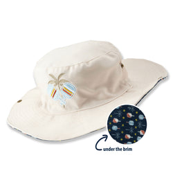 Beige wide-brimmed bucket hat with embroidered pickleball design on a white background