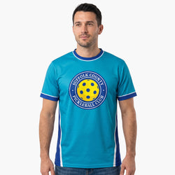 Man wearing a blue t-shirt with a yellow and white pickleball design on a white background