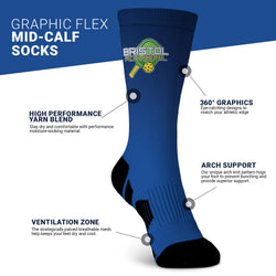 Blue sock with branding and features on a white background