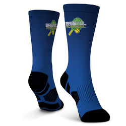 Pair of blue socks with a logo on a white background