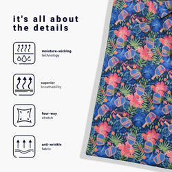 Fabric with tropical pickleball pattern and text detailing fabric features on a white background