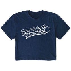 Navy blue t-shirt with white pickleball graphic and text on a white background