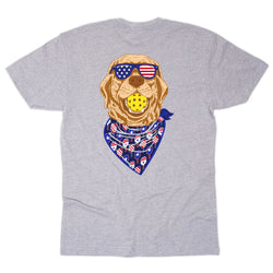 Gray t-shirt with a pickleball dog graphic wearing sunglasses and a bandana on a white background