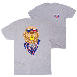 Gray t-shirt with a graphic of a pickleball dog wearing sunglasses and a bandana on the back, and a smaller graphic on the front.