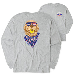Gray long-sleeve shirt with a pickleball dog graphic wearing sunglasses and a bandana on a white background