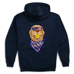 Navy blue hoodie with a patriotic pickleball dog graphic wearing sunglasses and a bandana on the back, on a white background.