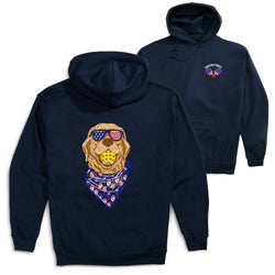 Navy blue hoodie with a patriotic dog graphic wearing sunglasses and an American flag bandana on a white background.