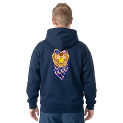 Person wearing a navy blue hoodie with a pickleball dog graphic on the back, featuring an American flag bandana.