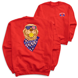Red sweatshirt with a pickleball dog graphic wearing sunglasses and a bandana on a white background