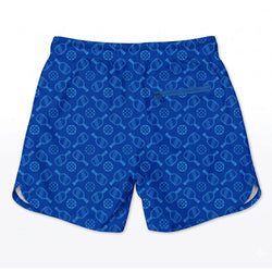 Blue shorts with paddle pattern on a white background