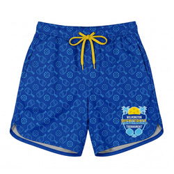 Blue shorts with pickleball pattern and logo on a white background