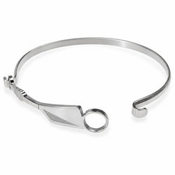 A polished silver-tone metal cuff bracelet with a geometric rowing paddle clasp and open end, shown on a clean white background.