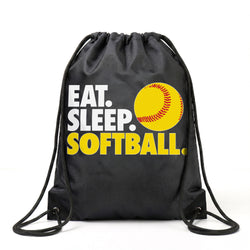 Black drawstring bag with 'Eat. Sleep. Softball.' text and a softball graphic on a white background