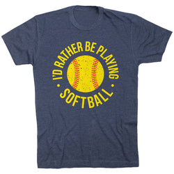 Softball T-Shirt Short Sleeve - I'd Rather Be Playing Softball Distressed [Adult Medium/Navy] - SS