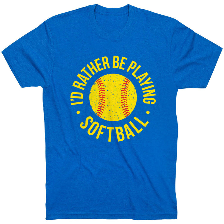 Softball T-Shirt Short Sleeve - I'd Rather Be Playing Softball Distressed [Youth Medium/Royal] - SS