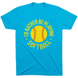 Softball T-Shirt Short Sleeve - I'd Rather Be Playing Softball Distressed [Youth Large/Turquoise] - SS