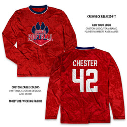 Red long-sleeve custom softball tee with 'Cougars Softball' logo and 'Chester 42' on a white background.