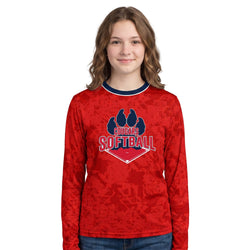 Red long-sleeve shirt with 'Cougars Softball' design on a white background