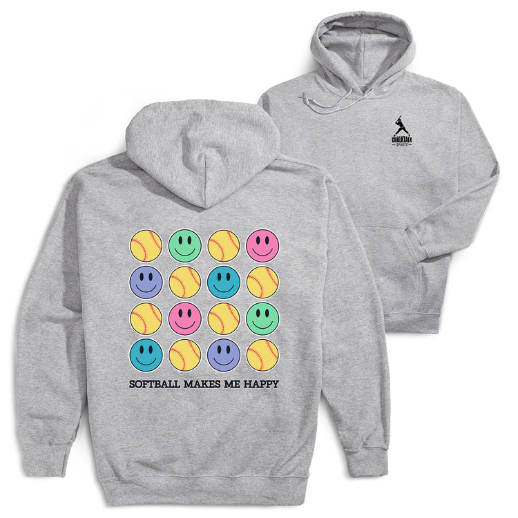 Softball Hooded Sweatshirt - Softball Makes Me Happy (Back Design) [Youth Medium/Gray] - SS