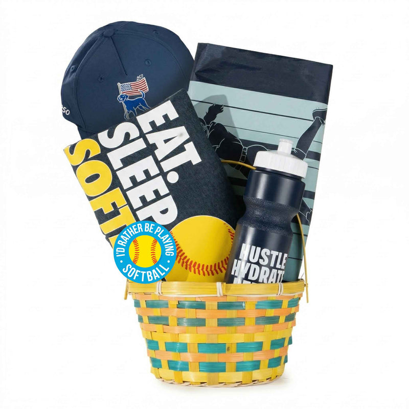 Basket with sports-themed items including a cap, water bottle, and sticker on a white background
