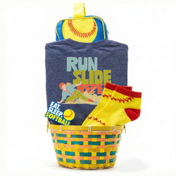 Basket with t-shirt, socks, and accessory bag featuring softball-themed design on a white background