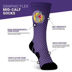 Purple graphic flex mid-calf sock with brand logo on a white background