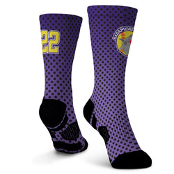 Purple socks with black polka dots and logos on a white background