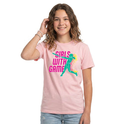 Person wearing a pink t-shirt with 'Girls with Game' softball graphic on a white background