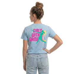 Person wearing a light blue t-shirt with 'Girls with Game' text and graphic on the back.
