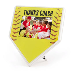 Yellow softball-themed photo plaque with photo insert and 'Thanks Coach' text on a white background.