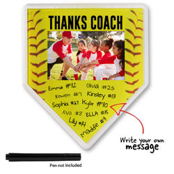 Personalized 'Thank Coach' softball-plate shaped sign with photo of a coach and players, and space to write a message.
