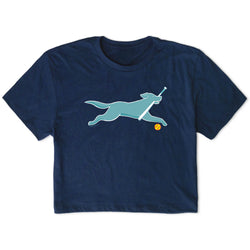 Navy blue t-shirt with a softball graphic of a dog running and catching a ball on a white background