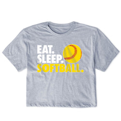 Gray t-shirt with 'Eat. Sleep. Softball.' text and yellow softball graphic on a white background