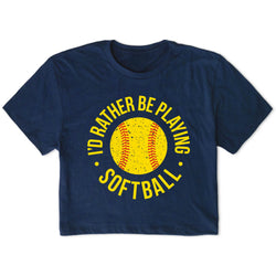 Navy blue t-shirt with yellow softball graphic and text on a white background