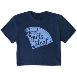 Navy blue t-shirt with 'Good girls steal' graphic design on a white background