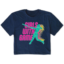 Navy blue t-shirt with 'Girls with Game' softball graphic design on a white background