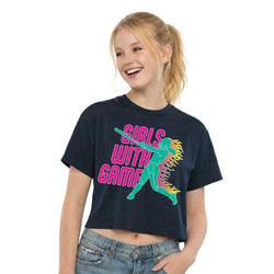 Girl wearing a black t-shirt with 'Girls with Game' graphic design on a white background