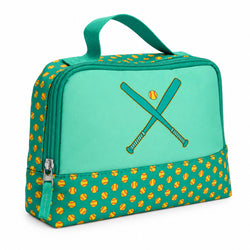 A teal and green soft-sided accessory bag with a top handle, featuring a tennis-themed design with yellow softballs on a green patterned lower half and a crossed bat and softball graphic on the front.