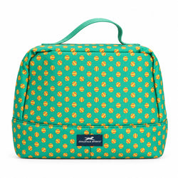 A green accessory bag with a repeating yellow softball pattern and a top carrying handle, shown against a plain white background.