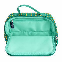 An open accessory bag with a yellow softball pattern on the exterior and a solid mint green interior, shown against a plain white background.
