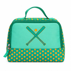 A green and yellow softball-themed accessory bag with a top handle, featuring a solid green front panel with a crossed bats and softball graphic, and a bottom section with a yellow softball pattern on a green background.