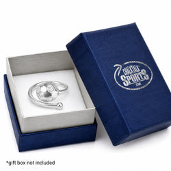 A silver ring with a soccer ball design and curved bands, displayed inside an open navy blue gift box with a white insert. The closed lid shows the brand name 'Chalktalk Sports'.
