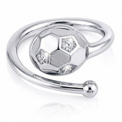 Silver soccer themed ring with gemstones embeded against a white background.