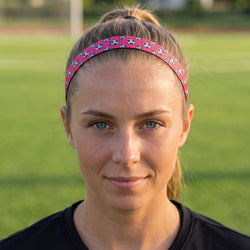 Woman wearing a pink headband with soccer ball pattern on a grassy field
