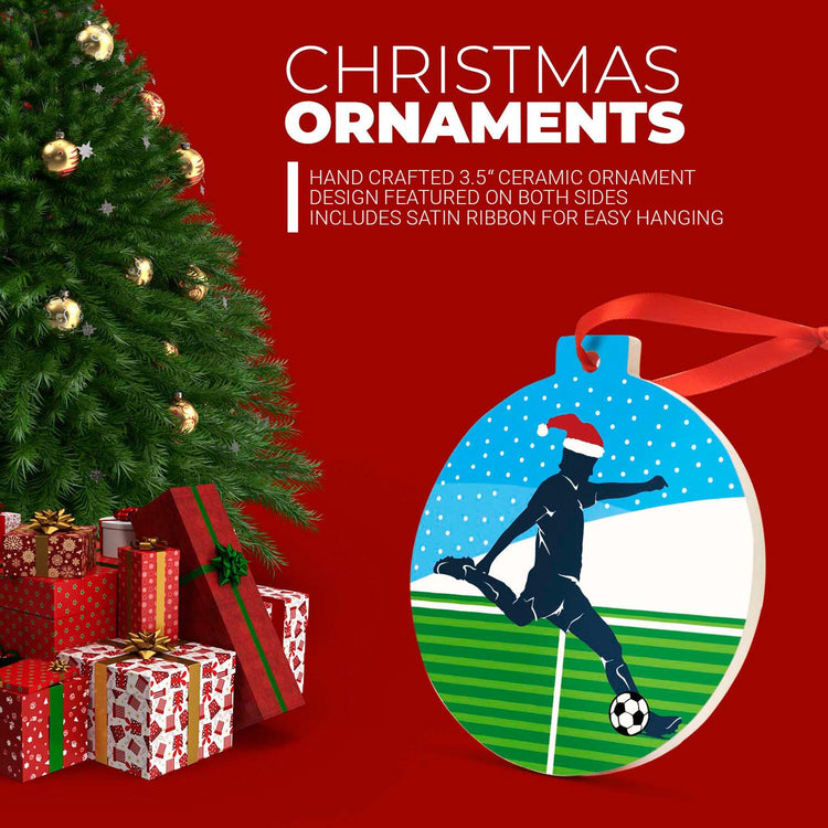 Soccer Round Ceramic Ornament - Guy Silhouette with Santa Hat