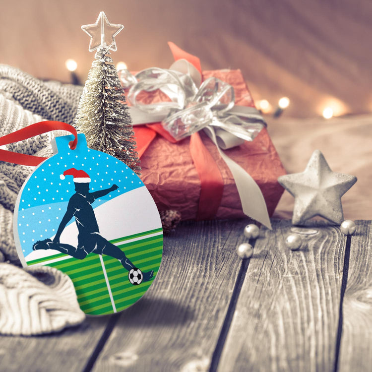 Soccer Round Ceramic Ornament - Guy Silhouette with Santa Hat