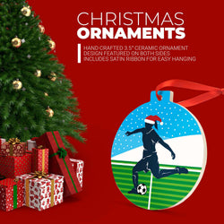 Soccer Round Ceramic Ornament - Girl Silhouette with Santa Hat